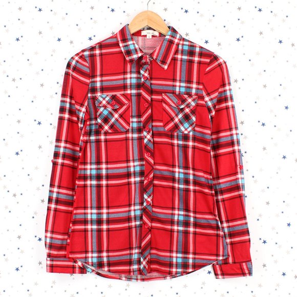 Red Black Light Blue Knit Plaid Button Up Shirt - Picture 1 of 3